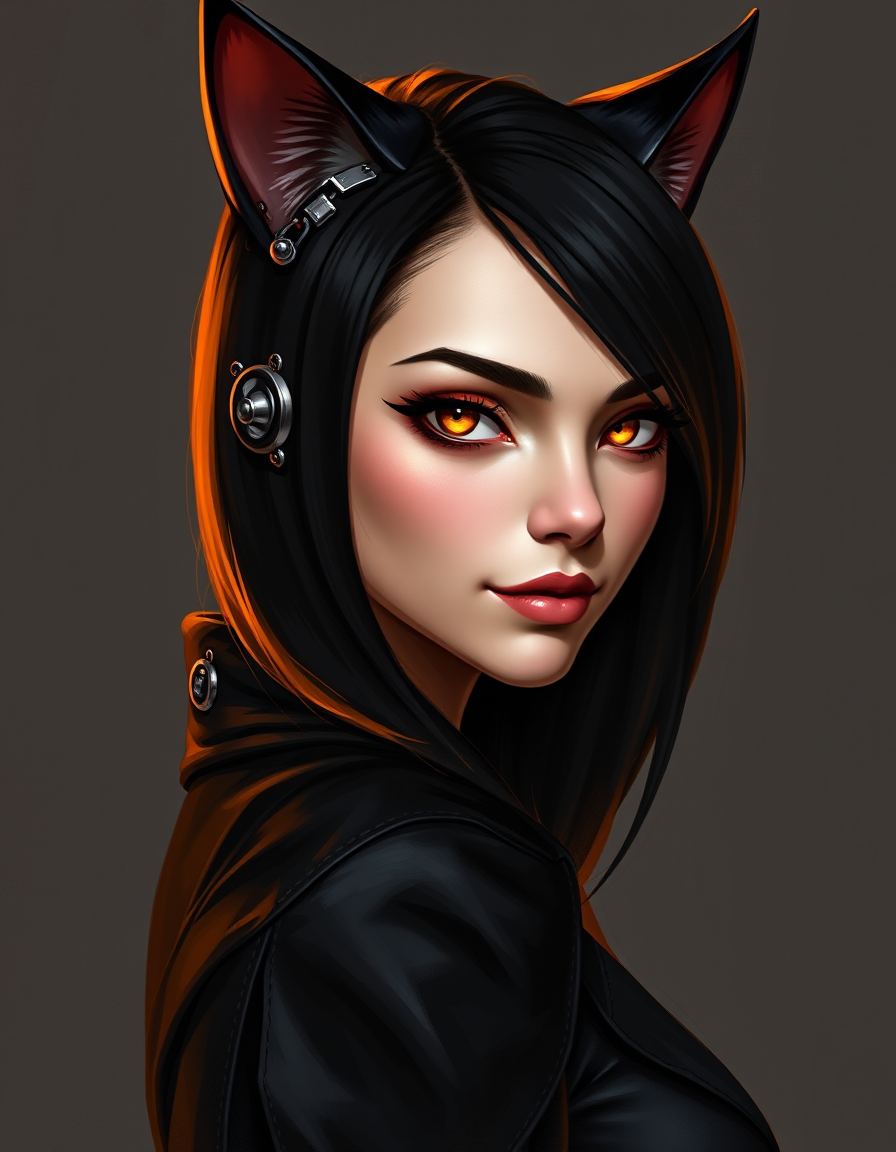 Neko Omega rendered on my own ComfyUI — three-quarter view, cat ears only, amber eyes, temple port glowing