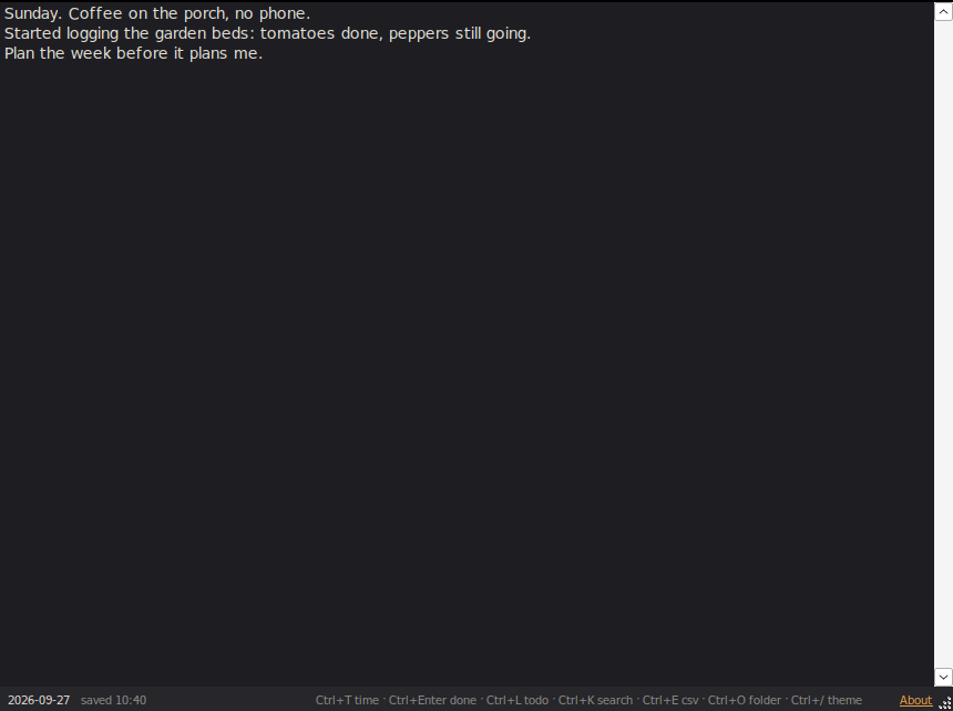 Main window in dark mode: today's page open, cursor already in the editor